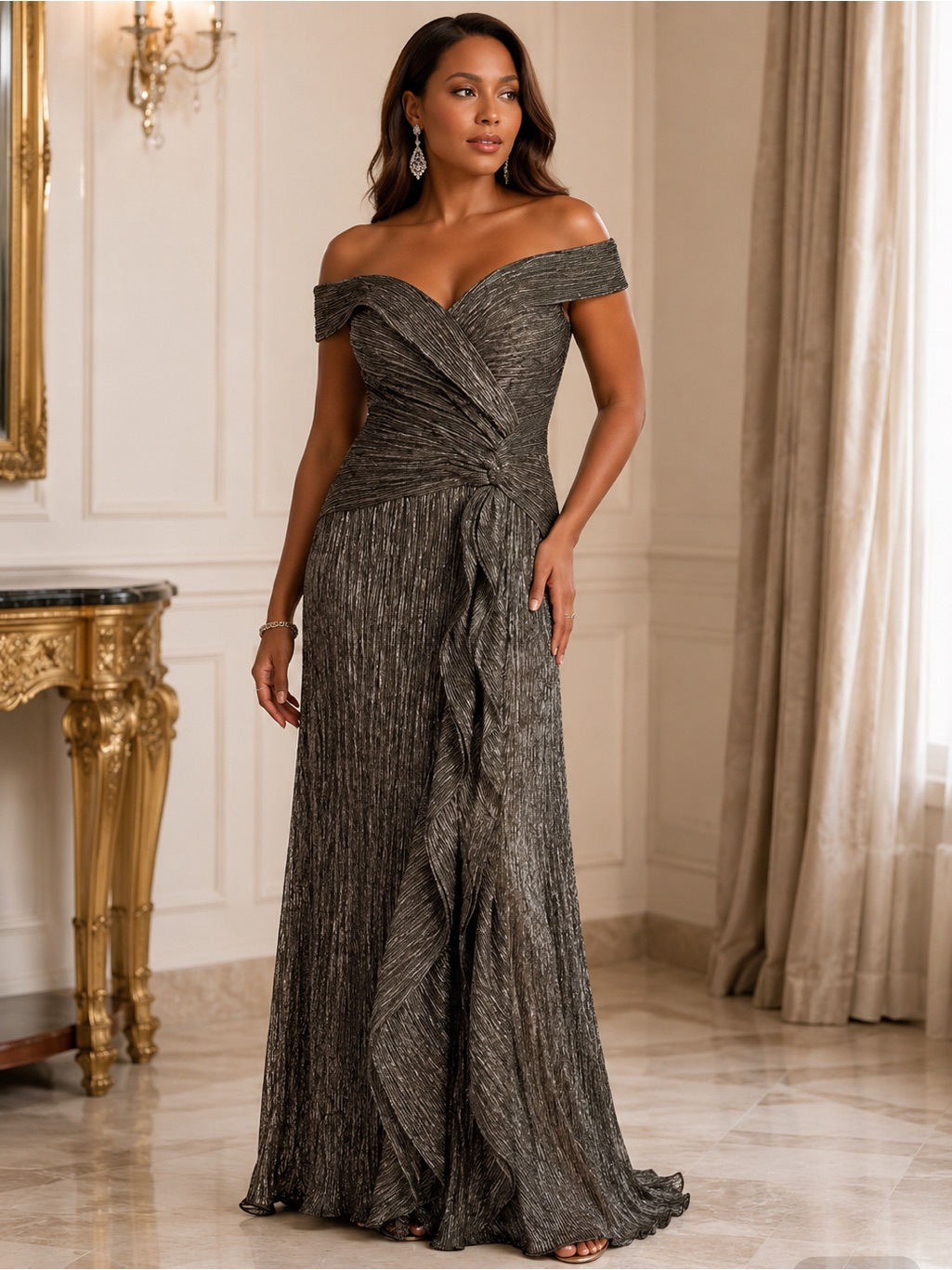 New Xscape Evenings Plus Metallic Pleated Off-The-Shoulder Gown Size 10